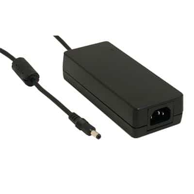 Mean Well GST90A19-P1M AC-DC Industrial desktop adaptor with PFC; Input 3 pin IEC320-C14 socket; Output 19VDC at 4.74A with P1M tuning fork plug OD, black