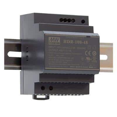 Mean Well HDR-100-12 AC-DC Ultra slim DIN rail power supply; Input range 85-264VAC; Output 12VDC at 7.1A; Pass LPS, black
