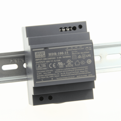 Mean Well HDR-100-15 AC-DC Ultra slim DIN rail power supply; Input range 85-264VAC; Output 15VDC at 6.13A; Pass LPS, black
