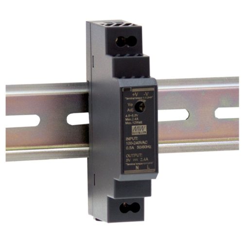 Mean Well HDR-15-5 AC-DC Ultra slim DIN rail power supply; Input range 85-264VAC; Output 5VDC at 2.4A; Pass LPS, black