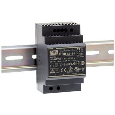 Mean Well HDR-60-12 AC-DC Ultra slim DIN rail power supply; Input range 85-264VAC; Output 12VDC at 4.5A; Pass LPS, black