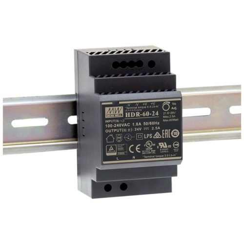 Mean Well HDR-60-24 AC-DC Ultra slim DIN rail power supply; Input range 85-264VAC; Output 24VDC at 2.5A; Pass LPS, black