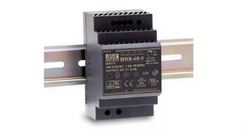 Mean Well HDR-60-5 AC-DC Ultra slim DIN rail power supply; Input range 85-264VAC; Output 5VDC at 6.5A; Pass LPS, black