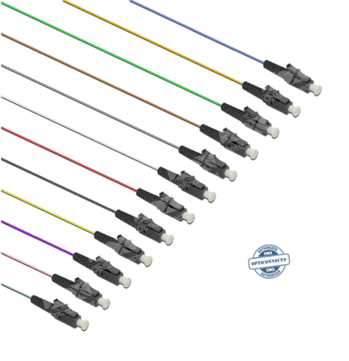 Pigtail · LC/PC · MM OM4 · Simplex · 2.0m · LSZH · 900um · Easy strip (semi tight buffer) · Kit 12 Pieces · TIA / EIA-598 · Multicolor